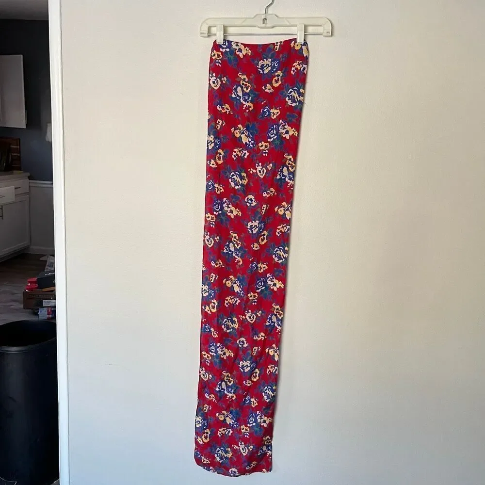 VTG Floral Silk Scarf Red Blue Yellow Long Skinny 11” x 54”